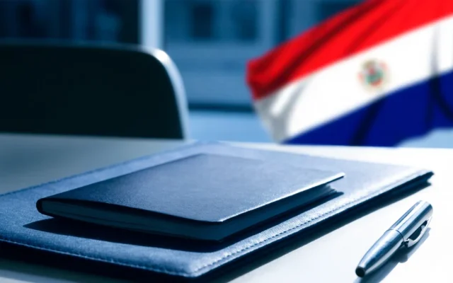 Passaporte genérico e pasta na mesa com bandeira ao fundo, sobre estrangeiro abrir empresa no Paraguai