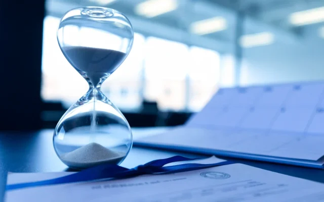 Ampulheta, calendário e certificado na mesa, sobre o prazo para registrar marca no Paraguai