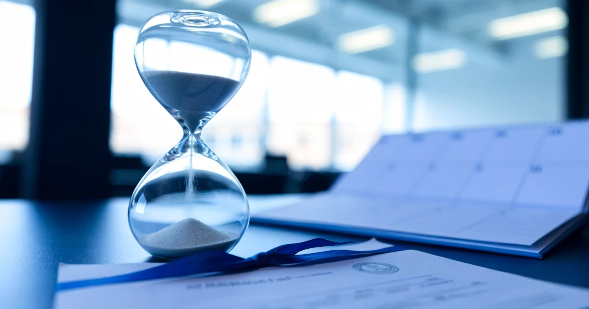 Ampulheta, calendário e certificado na mesa, sobre o prazo para registrar marca no Paraguai