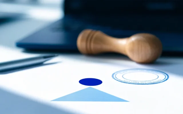 Papel com logotipo abstrato e carimbo de registro na mesa, sobre como registrar marca no Paraguai