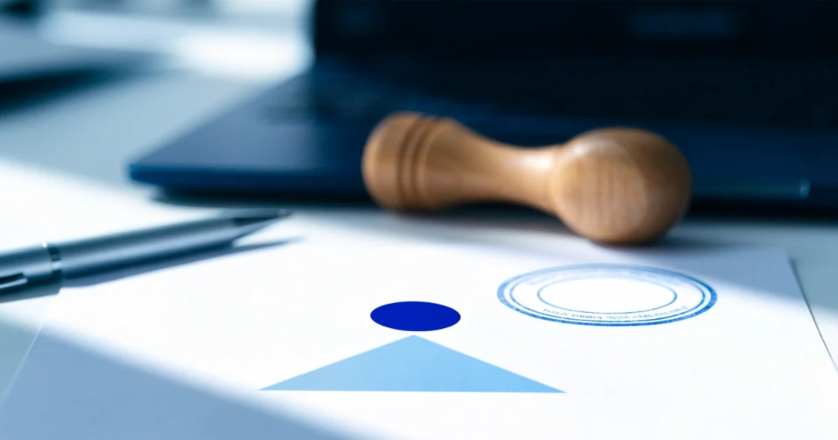 Papel com logotipo abstrato e carimbo de registro na mesa, sobre como registrar marca no Paraguai